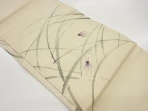 絽手描き芝にバッタ模様織出し名古屋帯